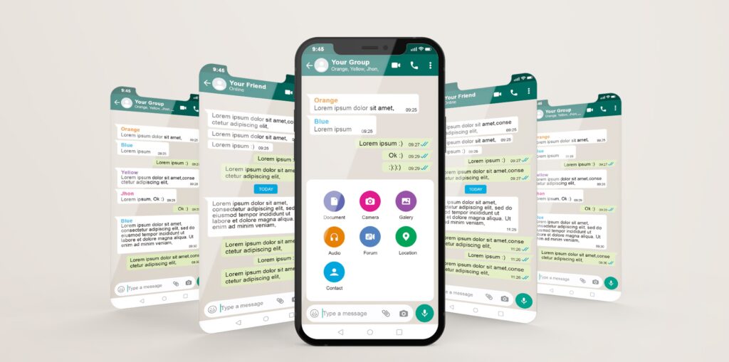 whatsapp messenger template on mobile phone and ui ux app presentation mockup