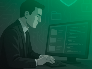Ilustração de um profissional analisando dados em um computador, com ícones de segurança digital ao fundo.