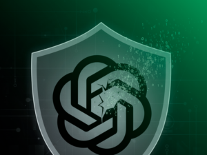 A imagem representa um escudo com o logo do ChatGPT rachado e dados binários vazando.